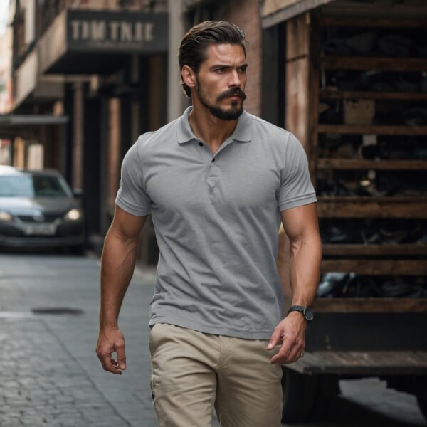 Men’s Solid Snap Button Polo T-shirt in Steel Grey - Image 5