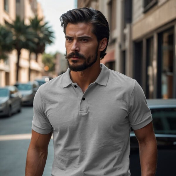 Men’s Solid Snap Button Polo T-shirt in Steel Grey - Image 4