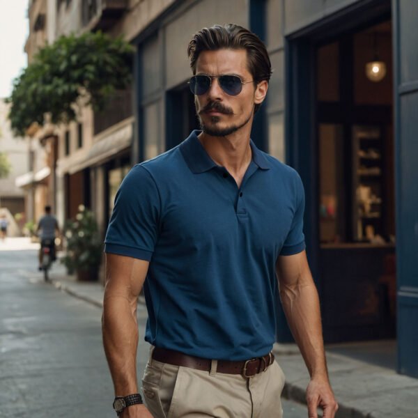 Men’s Solid Snap Button Polo T-shirt in Peacock Blue - Image 6