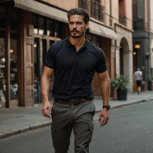 Men’s Solid Snap Button Polo T-shirt in Black - Image 5