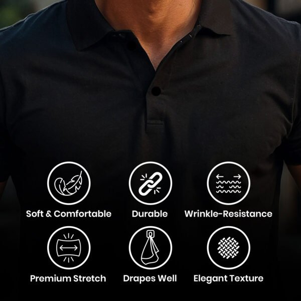 Men’s Solid Snap Button Polo T-shirt in Black - Image 2